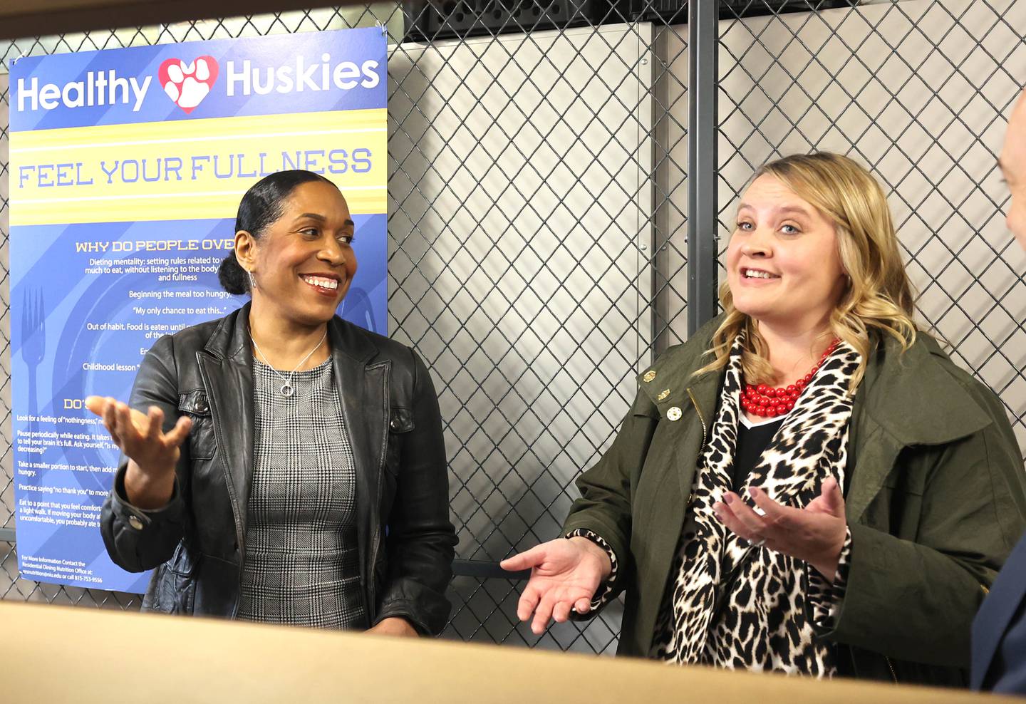 Illinois Lt. Gov. Juliana Stratton talks to Kelly Olson, Northern Illinois University assistant vice president for student development, Monday, May 2, 2022, during a tour of the Huskie Food Pantry at NIU. Stratton also visited with students and staff in the education department to mark Teachers Awareness Week.