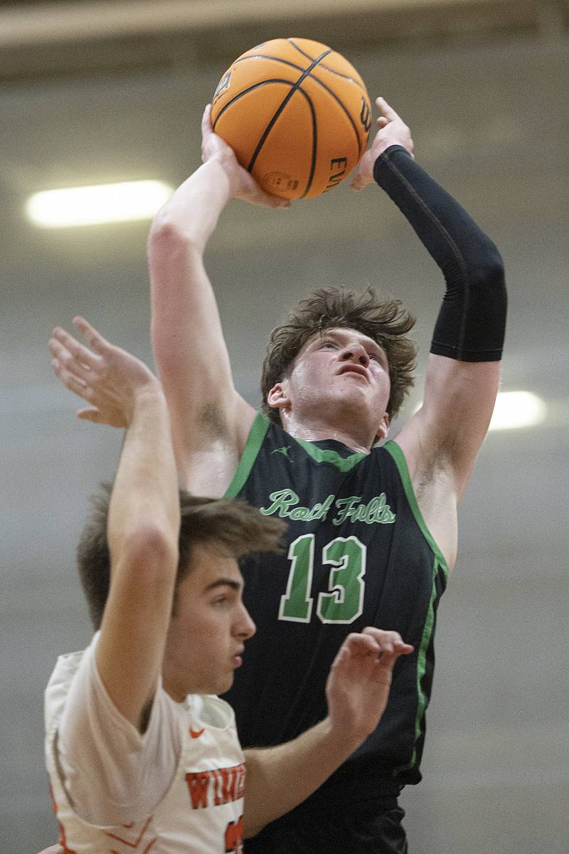 Rock Falls’ Ryken Howard puts up a shot against Winnebago Tuesday, March 4, 2025, during the 2A boys basketball Sectional final at Marengo.