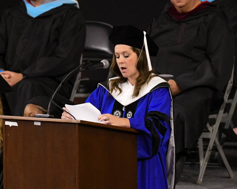 DeKalb High School’s principal Dr. Donna Larson gives a commencement address on Saturday May 23, 2026, during the graduation ceremony held at the Convocation Center in DeKalb.