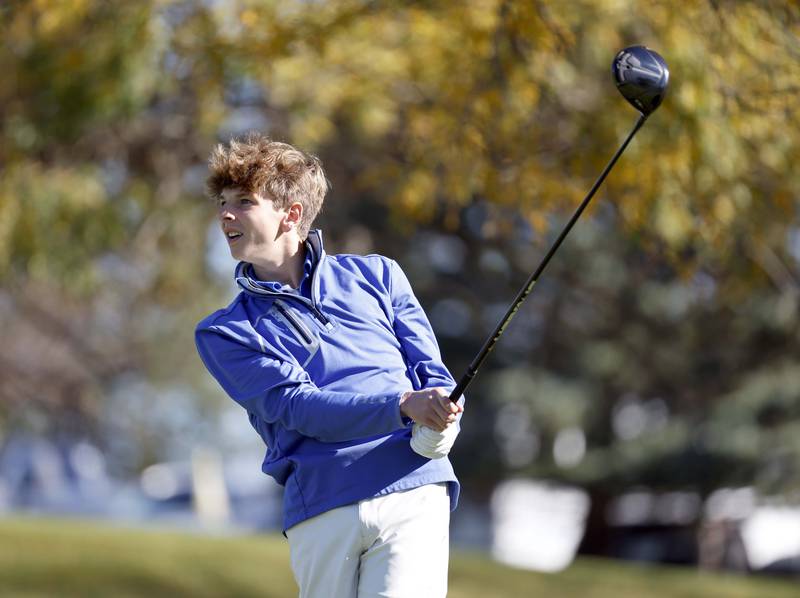 Riley Johnson of Johnsburg tees off at the IHSA Class 2A Kaneland boys golf sectional  Monday, Oct. 7, 2024 at at Hughes Creek in Elburn.