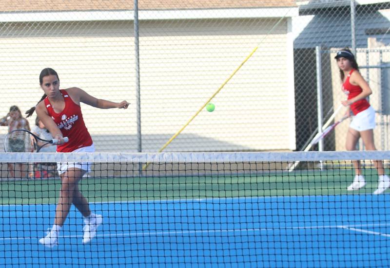 Streator doubles team of Isabell Gutierrez and Indyana Hernandez play tennis against Kankankee on Monday, Sept. 30, 2024 at Streator High School.