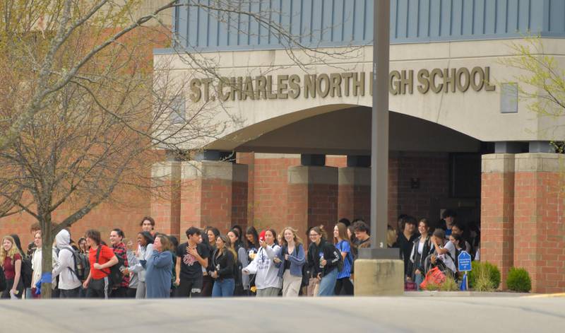 St Charles North students hold a walk-out on on Friday, April 21, 2023 in support of their teachers who are being involuntarily transferred at the end of the year.