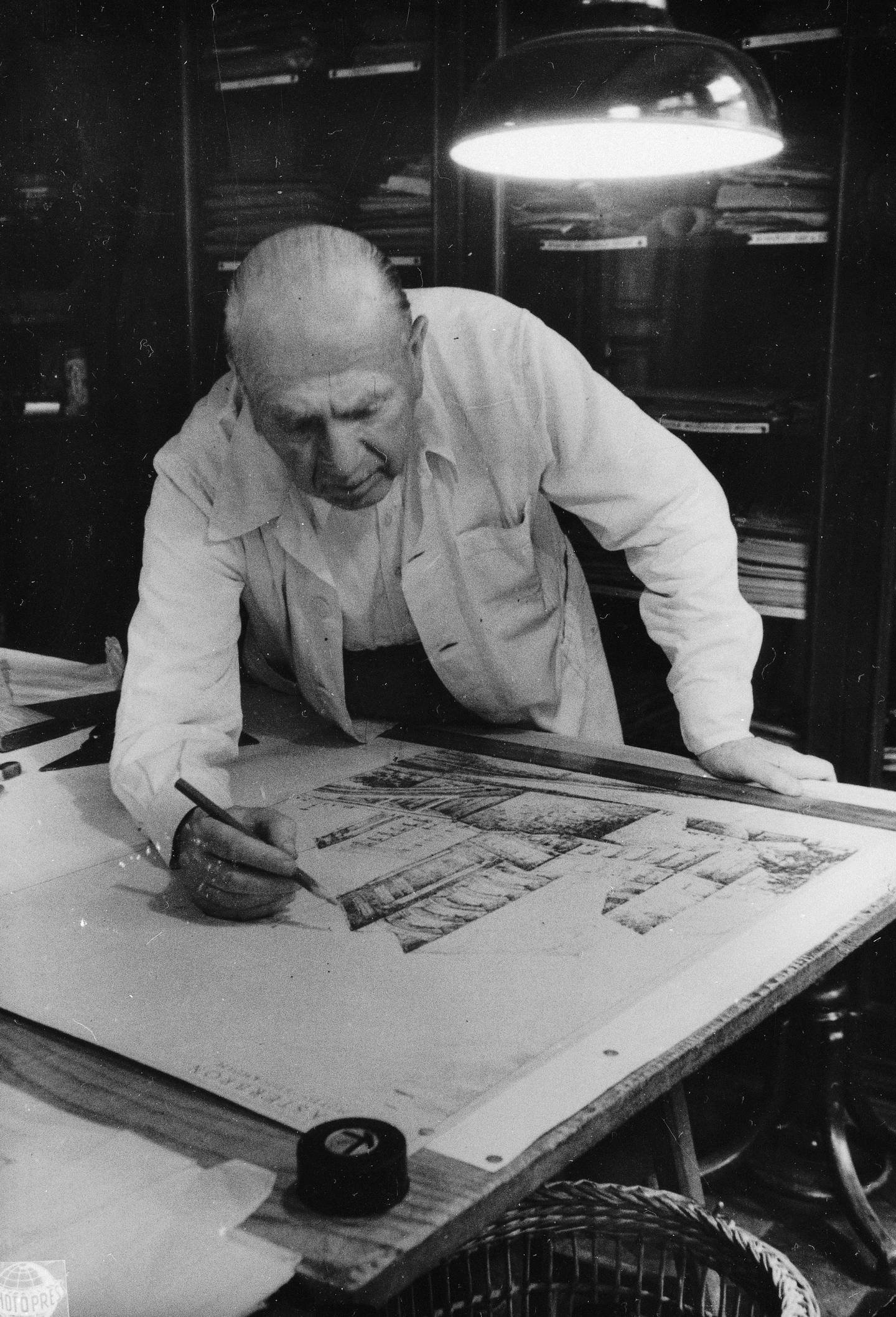 Hungarian architect Alfred Hajos, 72, at work in his office in Budapest, Hungary in 1950. Hajos won two Olympic gold medals for swimming in 1896 and a silver medal in architecture in 1924.