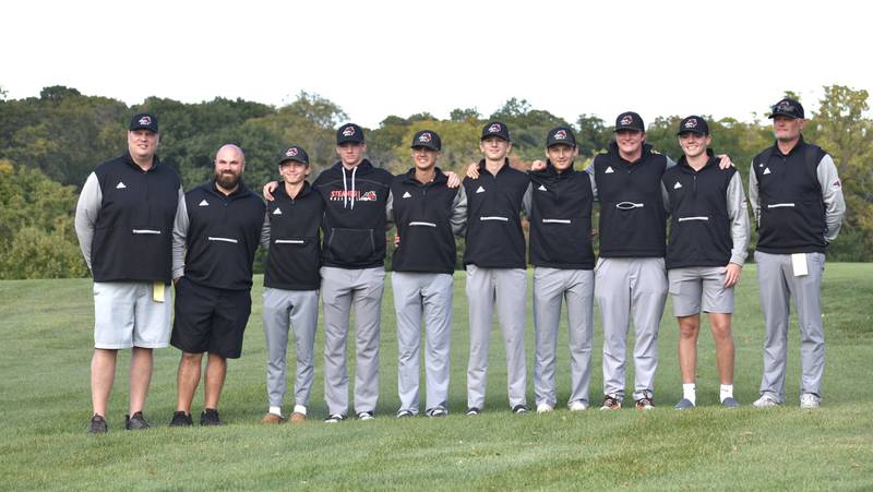 The Fulton boys golf team is pictured after advancing to state as a team after placing third at the Class 1A Rockford Lutheran Sectional. Left to right, are varsity assistant coach Ryan Voss, JV coach Kyle Jackson, Owen Van Zuiden, Chase Dykstra, Dawson Price, Jacob Voss, Braden Brennan, Zach Winkel, Evan Piercy and head coach Mitch Van Zuiden.
