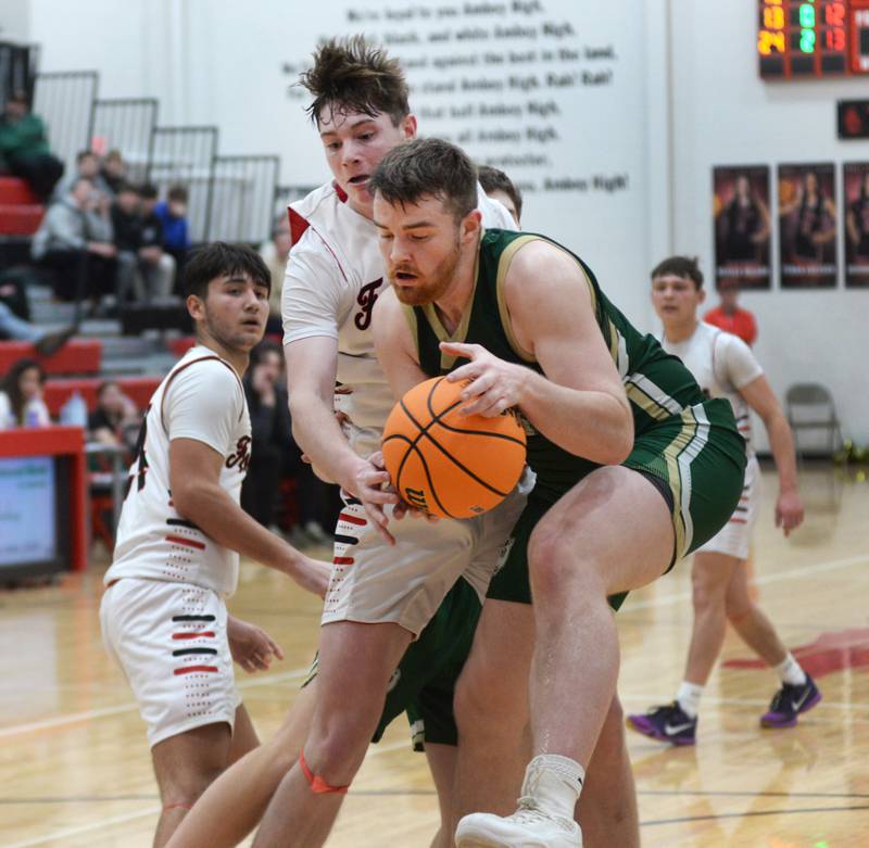 Forreston's Brendan Greenfield is boxed out by Peru St. Bede's Mason Ross on Wednesday, Feb. 26, 2025 at the 1A Amboy Regional.