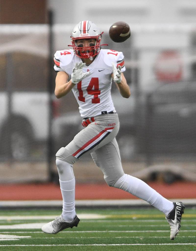 Palatine’s Connor May catches a pass against York in a Class 8A quarterfinal playoff football game in Elmhurst on Saturday, November 12, 2022.
