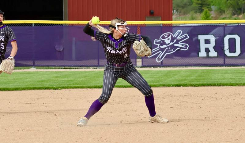 Rochelle third baseman Camryn Metzger records an out during a game with Forreston.