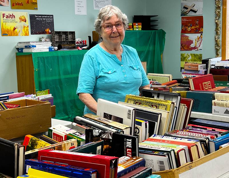 Goldie Behrens will be sorting the books donated for the Yorkville Congregational United Church of Christ rummage sale. All hardcover books will be sold for just $1 and paperback books for 50 cents.