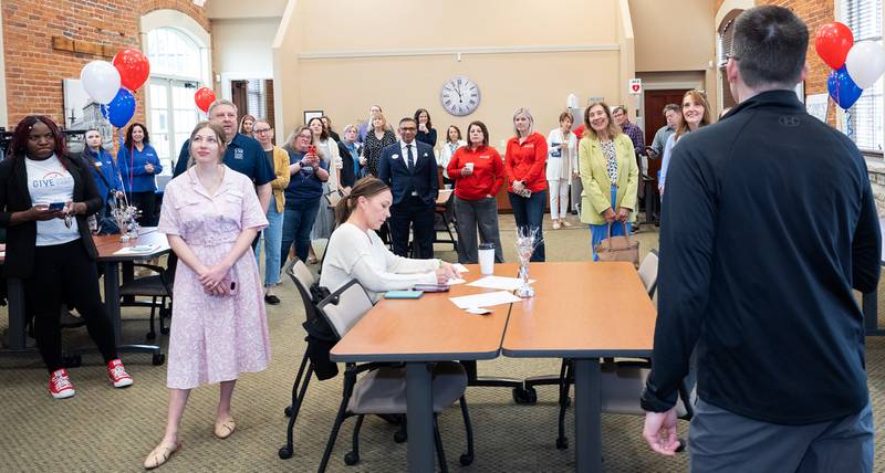 DeKalb County Nonprofit Partnership director Ben Bingle addressing nonprofit representatives, donors, and supporters during Give DeKalb County May 1