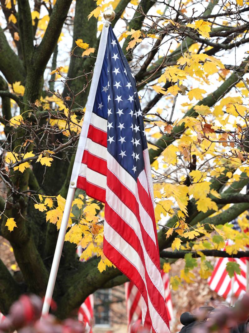 A flag stands out against the fall leaves Friday, Nov. 4, 2022, during the DeKalb County Courthouse 24 Hour Veterans Vigil opening ceremony. A veteran will stand guard at the courthouse starting at 4:00 pm Friday through 4:00 pm Saturday in honor of the upcoming Veterans Day.