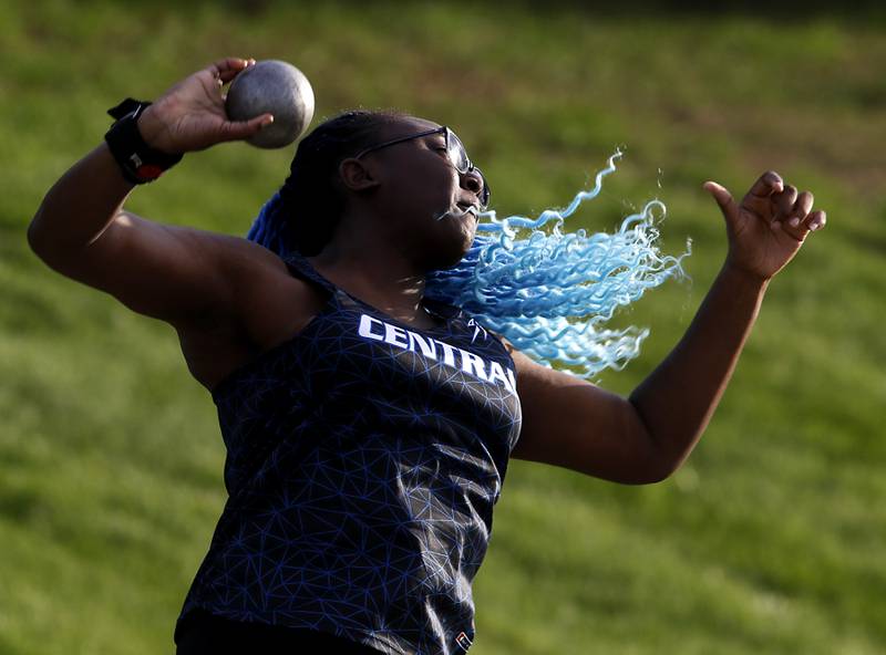 Burlington Central’s Tiana Foreman throws the shot putt Friday, May 5, 2023, during the Fox Valley Conference Girls Track and Field Meet at Huntley High School.