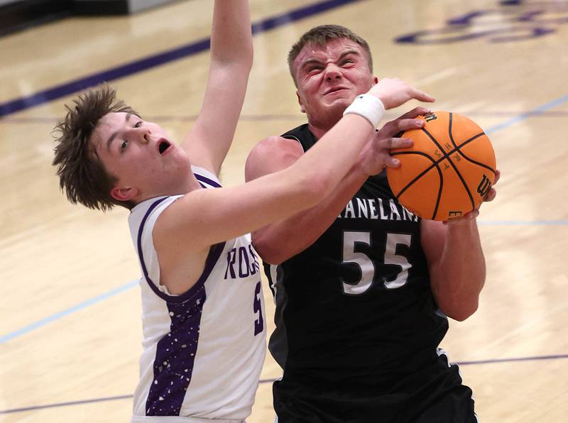 Kaneland's Jake Buckley tries to get up a shot against Rochelle's Mason Ludwig Tuesday, Feb. 3, 2026, in their game at Rochelle High School.