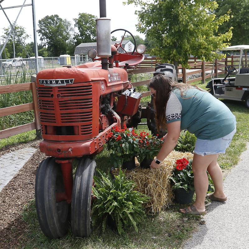 McHenry County Fair vender coordinator Hannah Meinert decorates a tractor to become a family photo area Thursday July 29, 2022, at the McHenry County Fairgrounds, 11900 Country Club Road, in Woodstock, as they prepare the grounds for the upcoming fair.