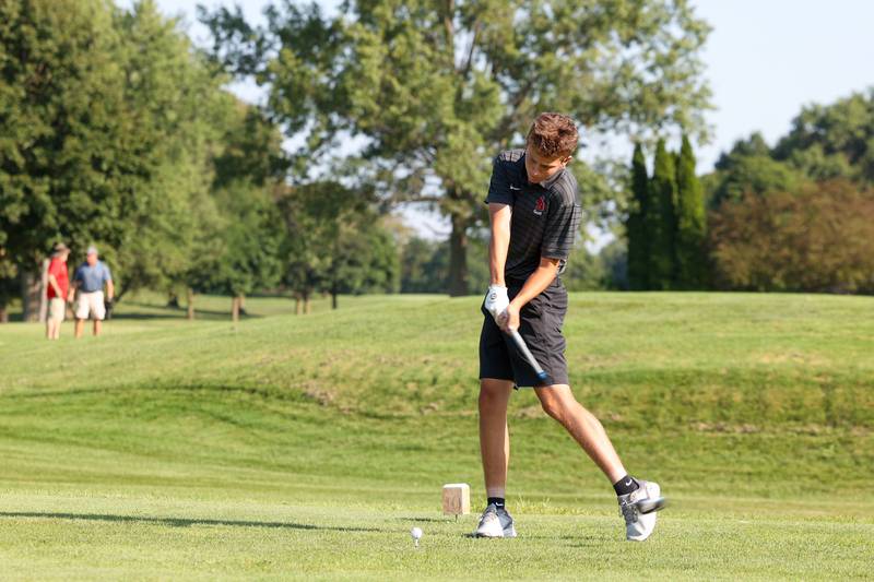 Bradley-Bourbonnais' Landan Haggard tees off during the Boilermakers' match against Sandburg at the Kankakee Elks on Aug. 14, 2025.