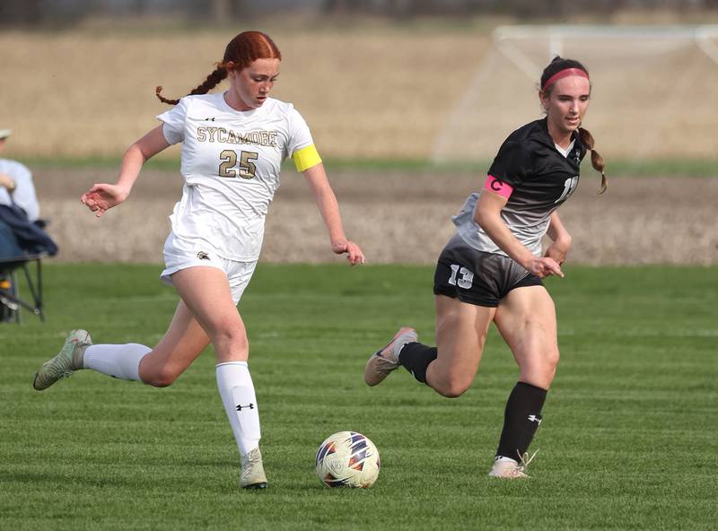 Sycamore's Isabelle Segreti pushes the ball past Kaneland's Kyra Lilly Monday, April 13, 2026, during their game at Kaneland High School.