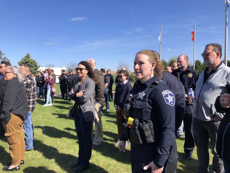 Lake in the Hills police and community members watch a ceremonial groundbreaking at the new police station April 19, 2024.