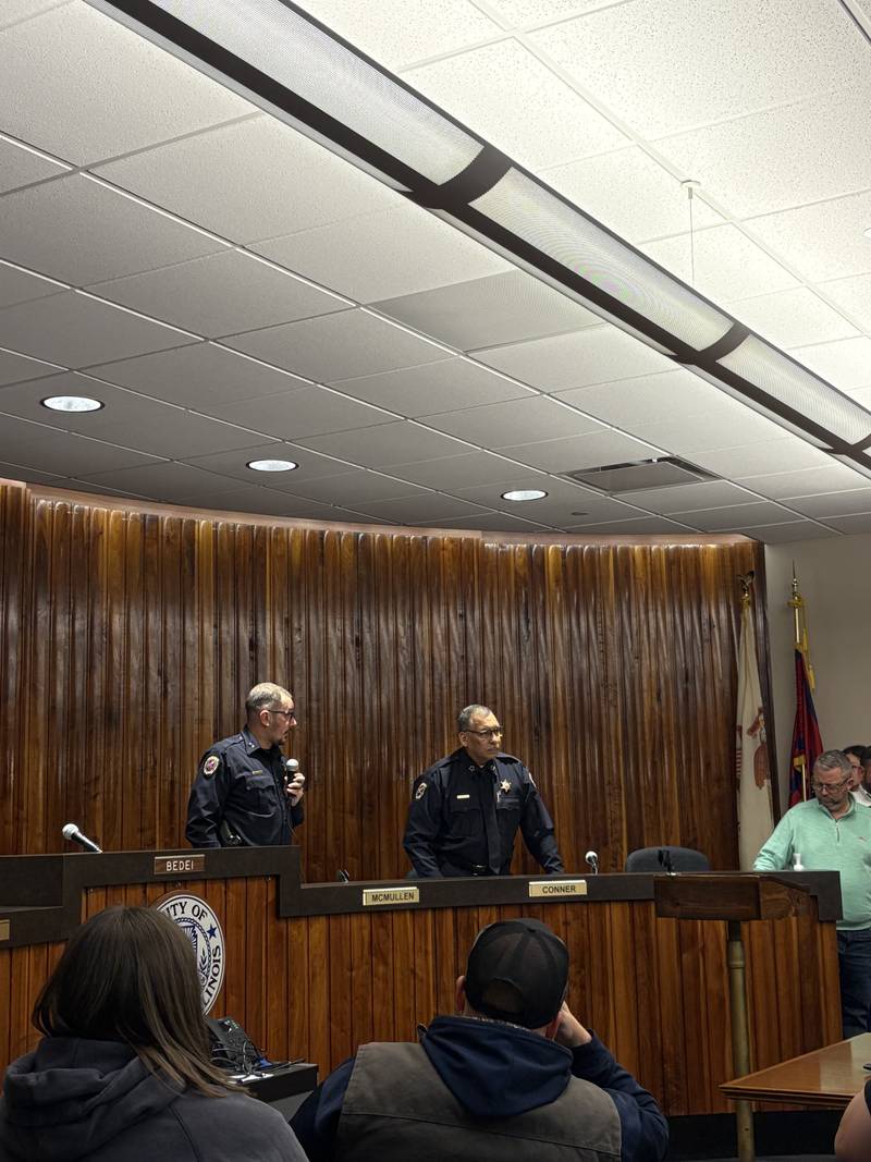 Deputy Police Chief Robert Wood (left) speaks Tuesday, Oct. 15, 2024, as Police Chief John Franklin looks on at a special Streator meeting.