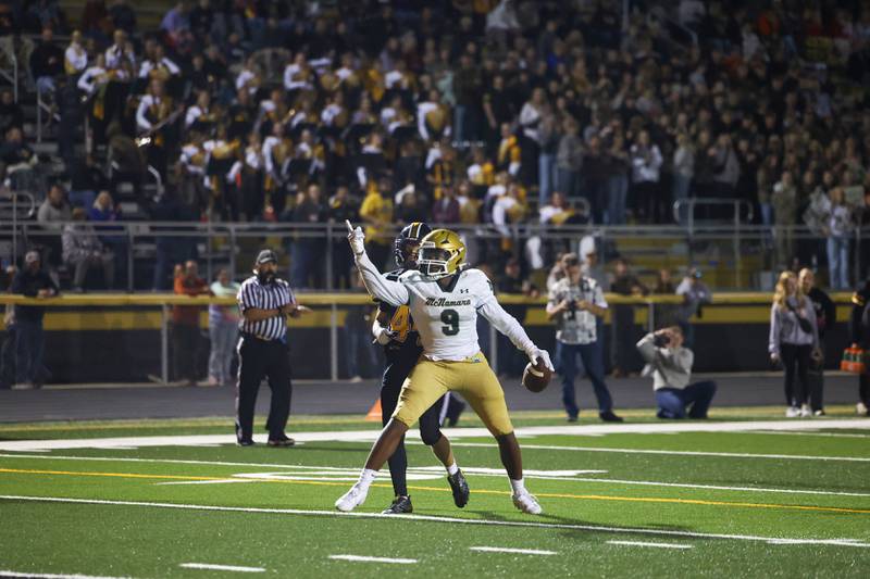 Bishop McNamara's Julius May celebrates a first down during the Fightin' Irish's 45-28 victory over Herscher on Friday, Sept. 5, 2025.