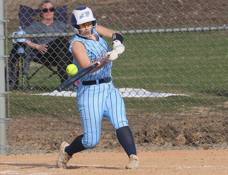 Bureau Valley's Emily Wright gets a hit against Newman on Monday, March 30, 2026 at Bureau Valley High School.
