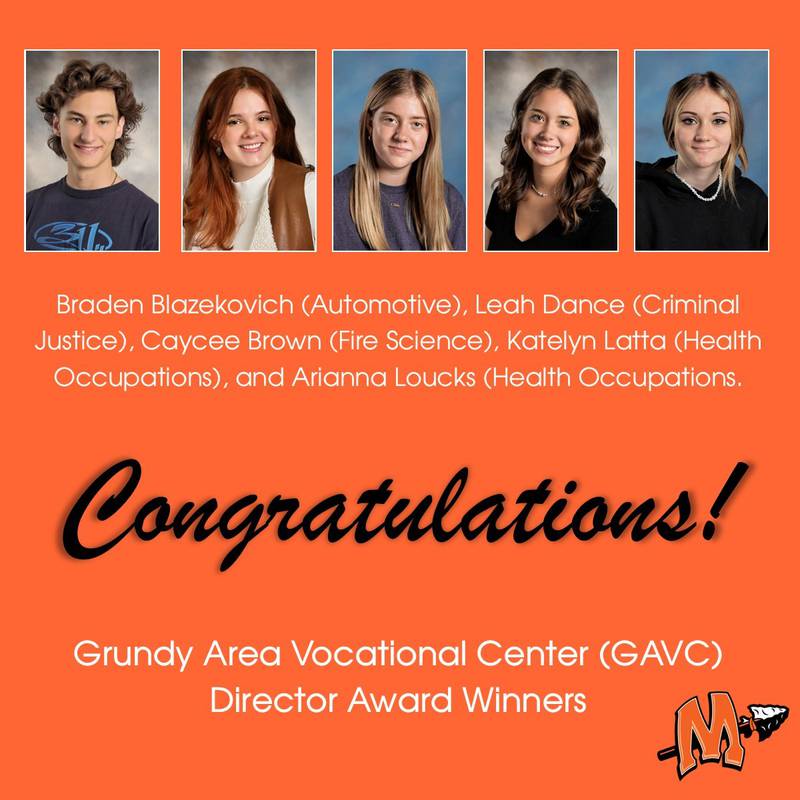 Five Minooka Community High School students taking classes at the Grundy Area Vocational Center in Morris were recently presented with Director Awards for their outstanding performance in class.