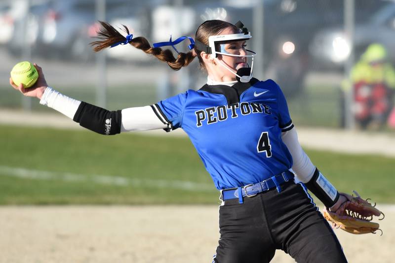 Peotone's Sophie Klawitter throws a pitch during a game at Bishop McNamara Monday, March 23, 2026.