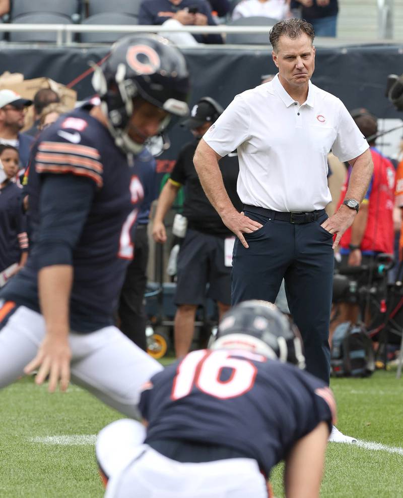 Chicago Bears head coach Matt Eberflus watches his field goal unit get warmed up before the Bears take on the Kansas City Chiefs Sunday, Aug. 13, 2022, at Soldier Field in Chicago. The Bears beat the Kansas City Chiefs 19-14.