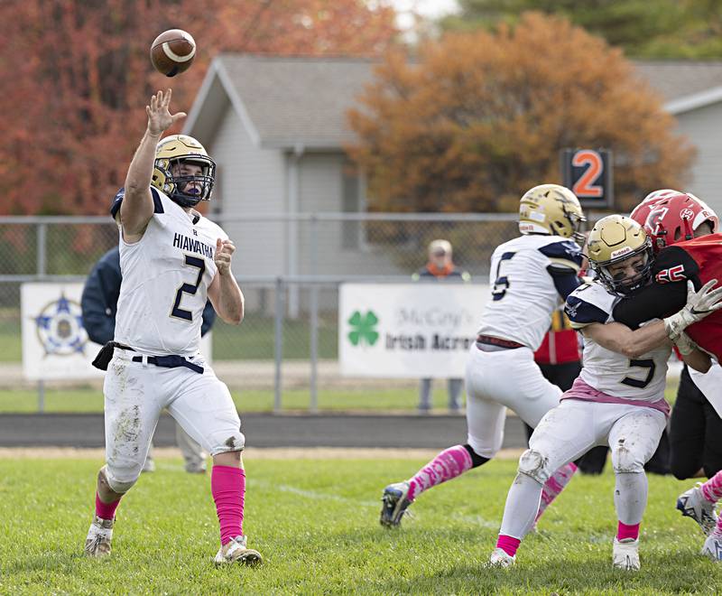 Hiawatha’s Blake Wiegartz fires a pass against Amboy Saturday, Oct. 28, 2023 in the I8FA playoffs in Amboy.