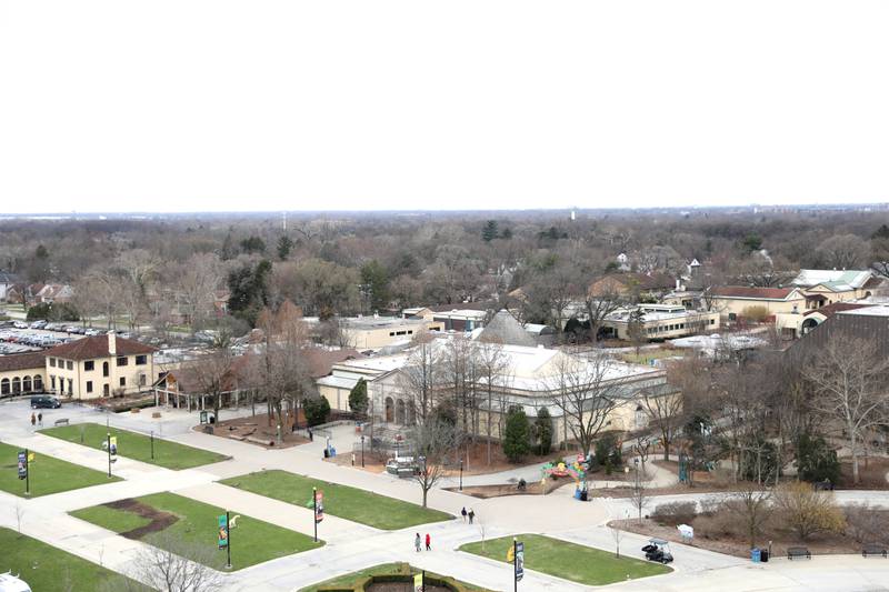 An overhead view from Brookfield Zoo’s 110-foot Ferris wheel. The Ferris wheel, in honor of the zoo’s 90th anniversary, opened on Friday, March 15, 2024. The Ferris wheel offers guests unique bird’s-eye views of the park’s gardens, animal habitats and Chicago skyline.