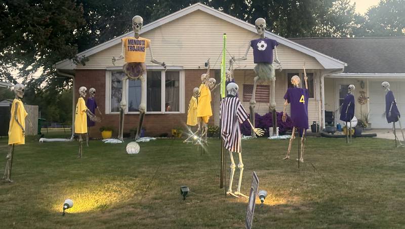 These skeletons play volleyball in the 100 block of U.S. Route 52 on Monday, Oct. 27, 2025 in Mendota.