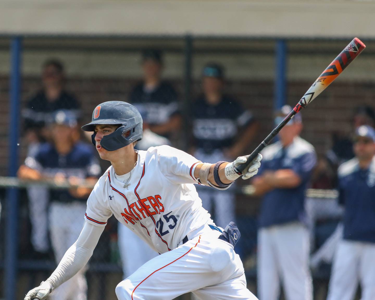 Oswego's Tyler Stack (25) swings at a pitch during Class 4A Romeoville Sectional final game between Oswego East at Oswego.  June 3, 2023.