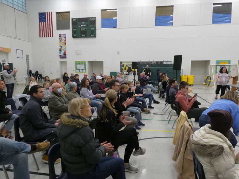 Dozens of people attend the Cary School District 26 board meeting Monday, April 25, 2022, to see students perform, the first time such an activity had happened before the board since before the pandemic.