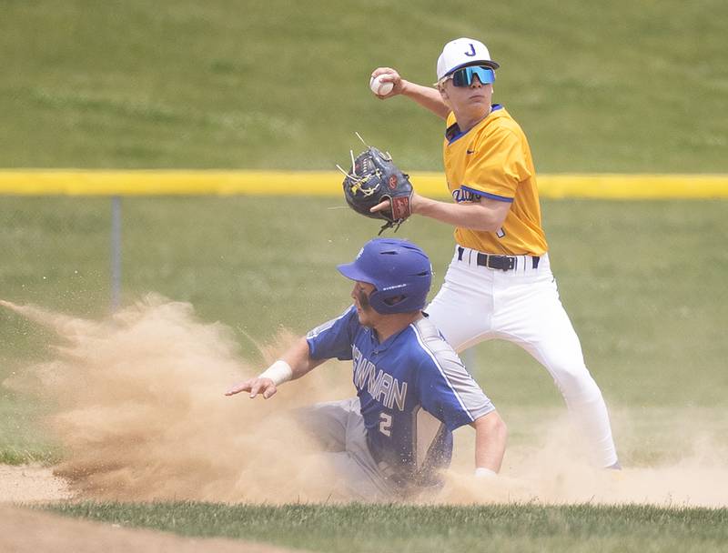 Newman’s Daniel Kelly breaks up the double play attempt by Johnsburg’s Hayden Pinkowski Saturday, May 31, 2025, in the Class 2A Sectional final in Mendota.