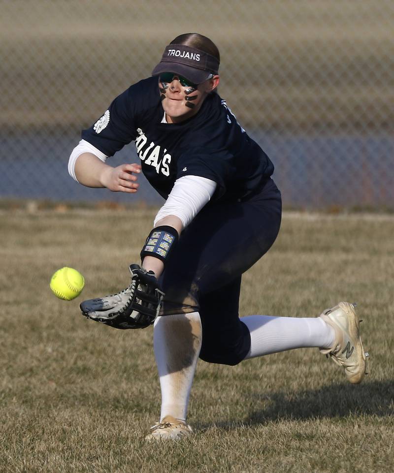 Cary-Grove’s Allison Garski tries to catch the ball during a non-conference softball game against Richmond-Burton Tuesday, March 21, 2023, at Cary-Grove High School.