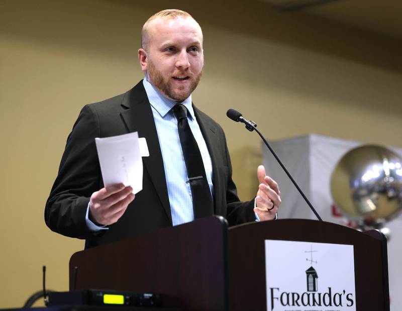 Kurt Mattson, from DeKalb Mechanical, speaks after accepting the Business of the Year Award on behalf of DeKalb Mechanical Thursday, Feb. 5, 2026, during the DeKalb Chamber of Commerce Annual Celebration Dinner at Faranda's Banquet & Conference Center.