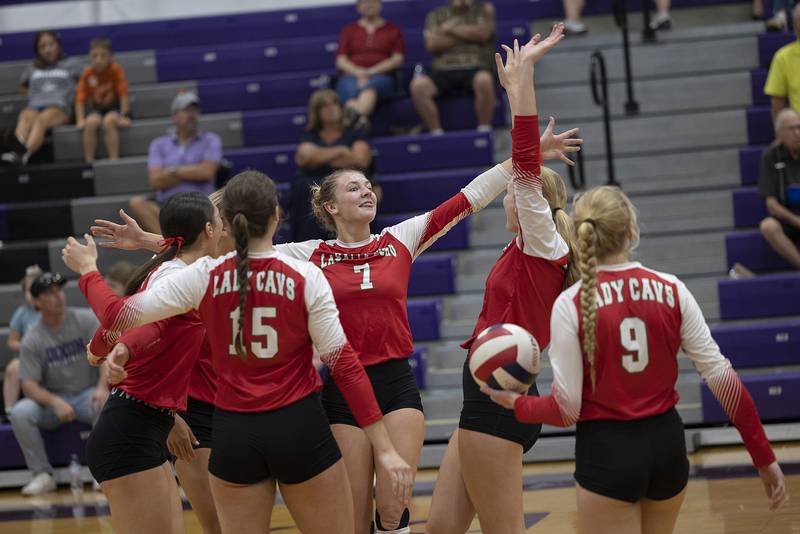 LaSalle-Peru celebrates their first set win over Dixon Wednesday, Sept. 10, 2025.
