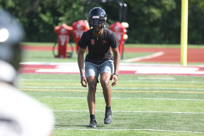 Bolingbrook safety Damon Walters waits for the snap at the Morris 7 on 7 scrimmage. Tuesday, July 19, 2022 in Morris.