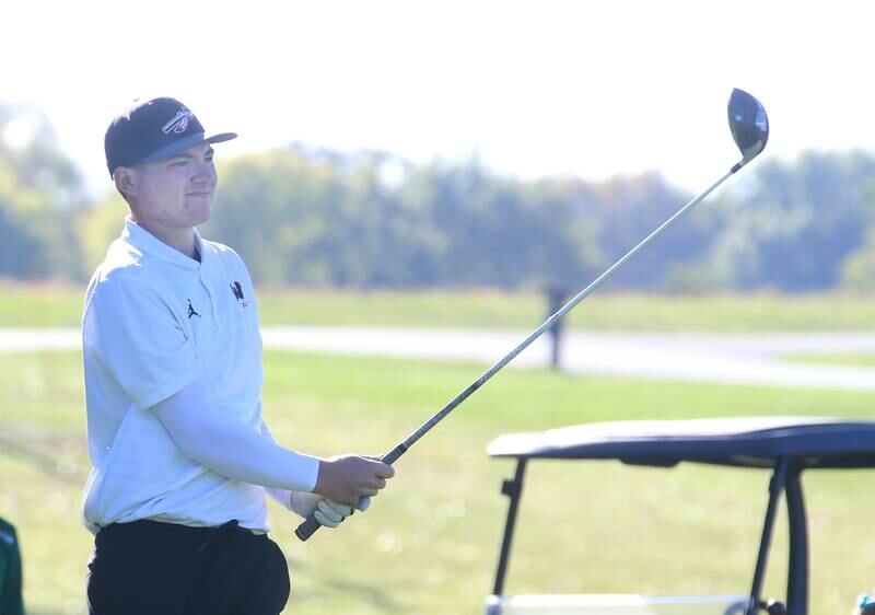 Woodland's Kyle Bliss tees off on the first hole during the Class 1A golf meet on Wednesday, Oct. 2, 2024 at Spring Creek Golf Course in Spring Valley.