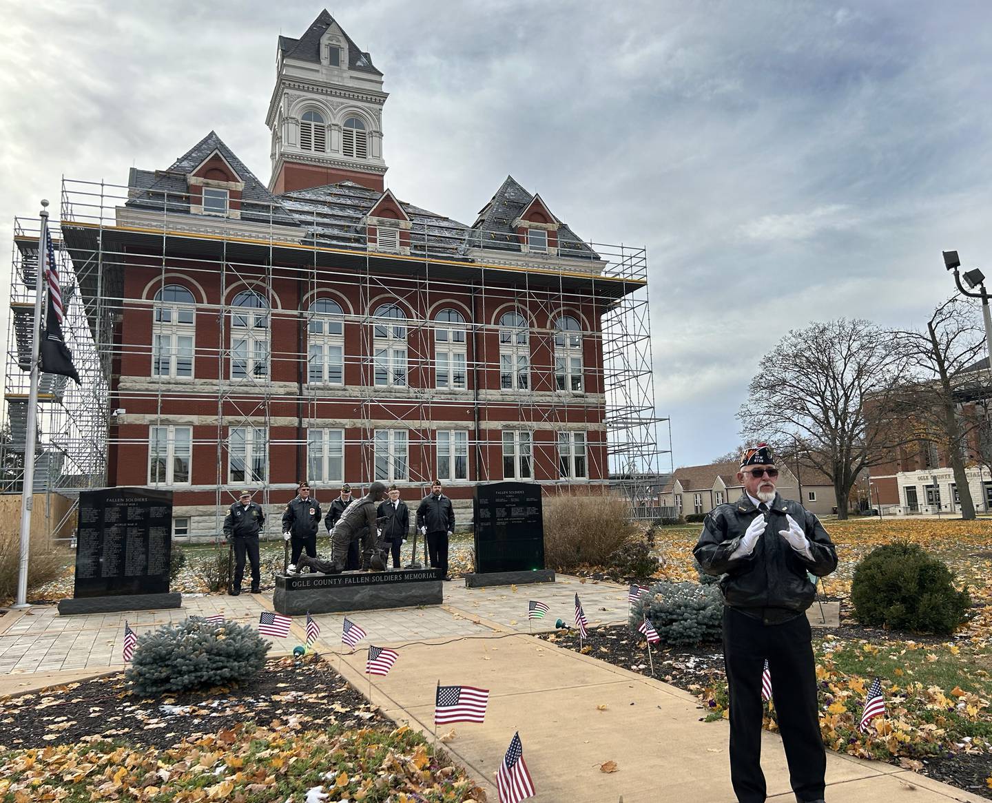 Robert Coulter of the Oregon VFW speaks during a Veterans Day program on the north lawn of the Ogle County Courthouse Square on Tuesday, Nov. 11, 2025.