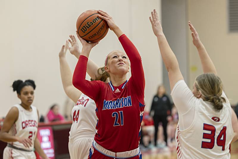 Morrison’s Camryn Veltrop puts up a shot against Oregon Wednesday, Jan. 17, 2024 at Oregon High School.