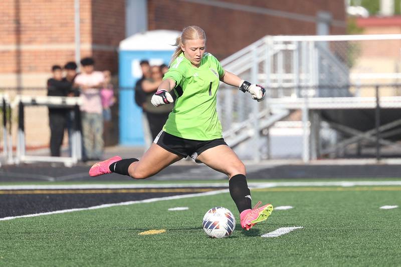 Joliet West’s Kaleigh Blatti put the ball in play against Joliet Central on Tuesday, April 30, 2024.