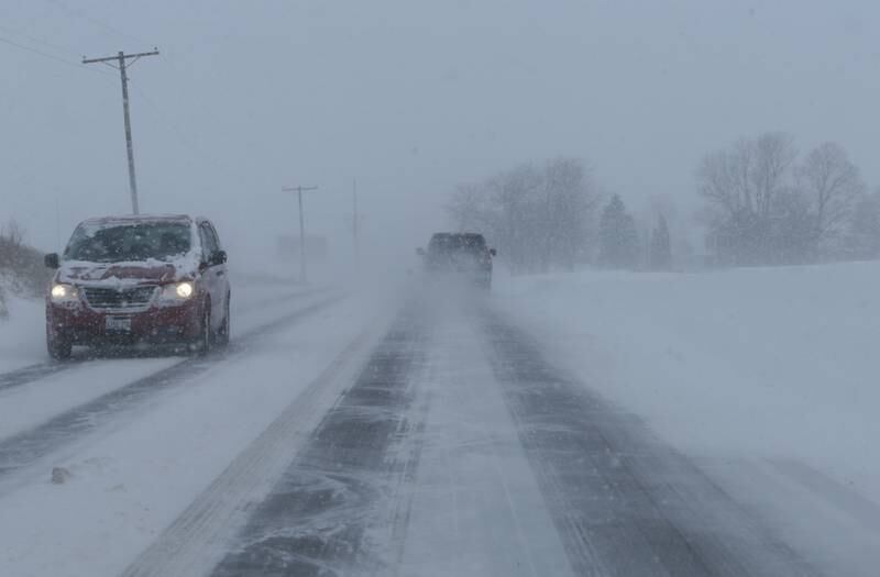 Motorists travel on U.S. 6 between Spring Valley and Princeton on Thursday, Feb. 17, 2022. Blowing and drifting snow made roads treacherous on east and west routes.