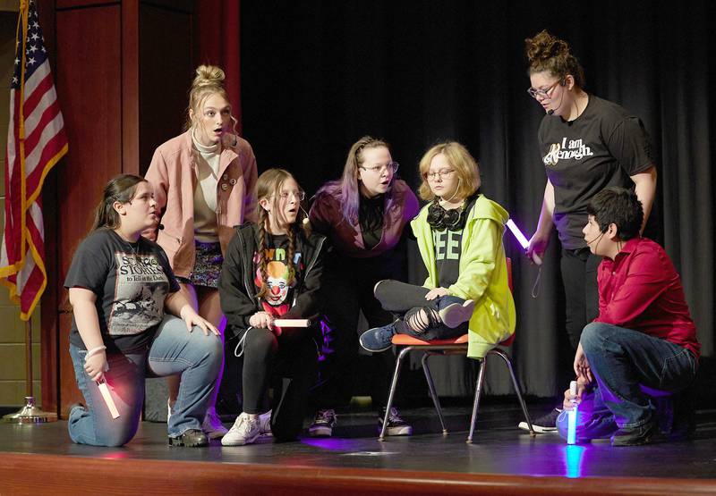 The cast of Goosebumps acts out a scene on Monday, April 15, 2024 at Hall High School. The play runs April 19-21 at Hall High School. Showtimes are Friday April 19, and Saturday April 20, at 7p.m. and a matinee on Sunday April 21, 2024 at 2p.m. Ticket's are $12 per adult and $10 per student. They can be purchased at the door. The production is directed by Megan Cullinan and produced by Robert Malerk.