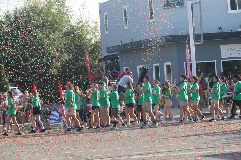 The L-P band marches through confetti during the L-P homecoming parade on Thursday, Oct. 2, 2025 downtown La Salle.