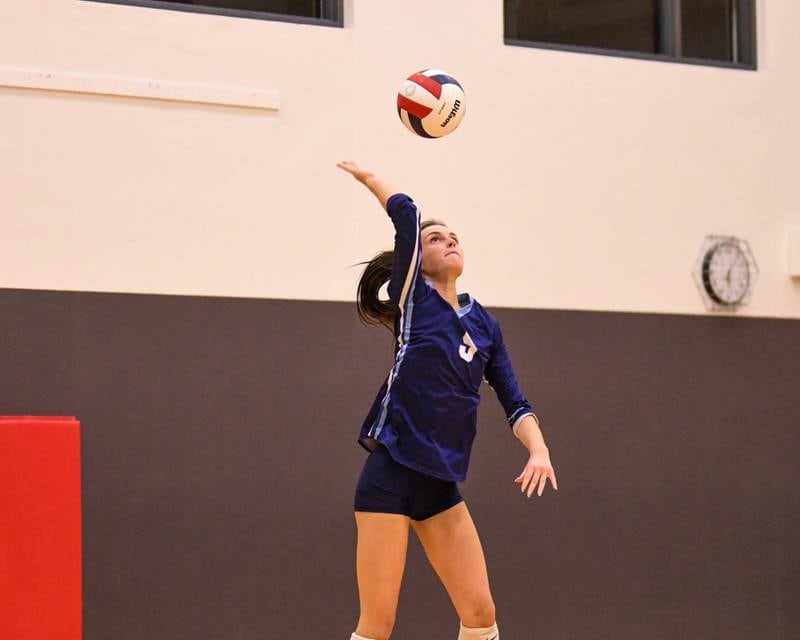 Nazareth Academy's Beth Surowiec (5) serves the ball during the sectional title game against Geneva on Thursday Nov. 6, 2025, held at Timothy Christian High School.