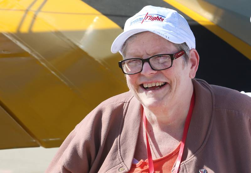 Veteran LeeAnn Joyce of Princeton, after flying in a 1942 Boeing Stearman A-75 Primary Trainer during a Veteran Dream Flight on Tuesday, Sept 2, 2025 at the Illinois Valley Regional Airport in Peru.