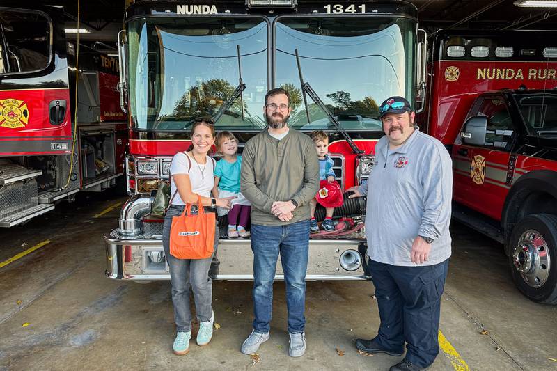 Stephanie and Steve Cascio, along with their two children, visited with Captain Neil Austin at the Nunda Rural Fire Protection District on Monday, Oct. 20, 2025, one year after Steve Cascio's crash. Austin was one of the responders that helped that day.