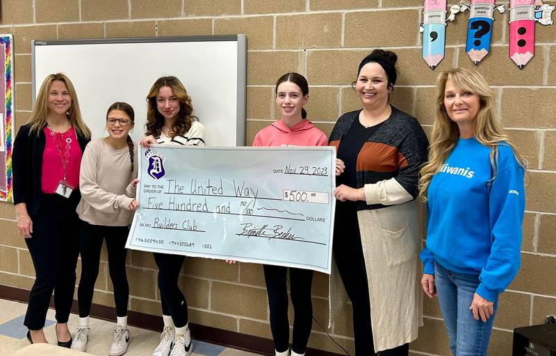 Builders Club Advisor Brigitte Becker, Secretary Ellie Pazera, Vice President Carly Dallas, President Sophia Heitz, United Way Director Ashley Richter, and Kiwanis Club Sponsor Cindy Sambdman