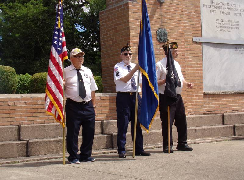 The Color Guard posts the flags Monday, May 27, 2024, during the Memorial Day ceremony at Veterans Memorial Plaza in Streator's City Park.
