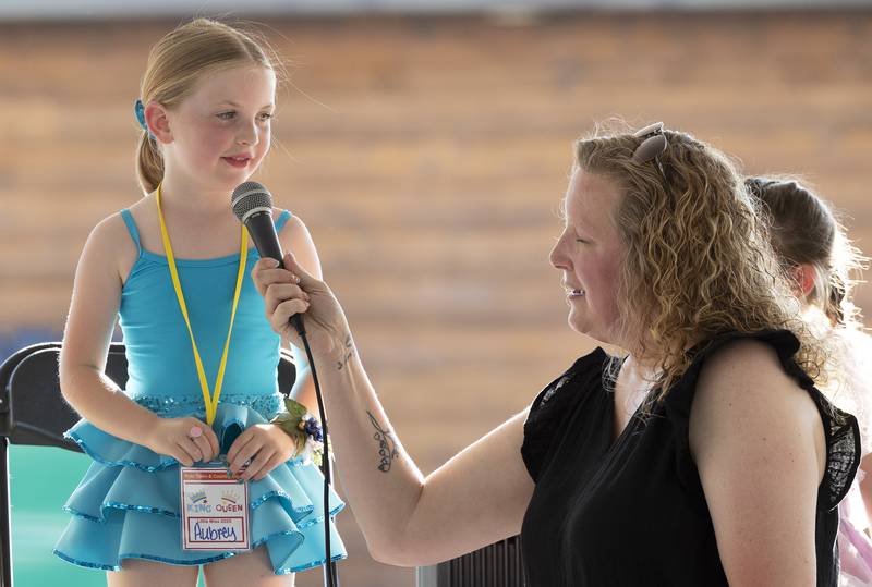 Aubrey Richardson, 5, answers a question Thursday, June 26, 2025, during Polo’s Little Miss and Mister pageant.