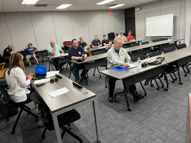 Mendota Fire Chief Dennis Rutishauser (center right) prepares to give a presentation Tuesday, June 13, 2023, at the city's Public Safety Meeting.
